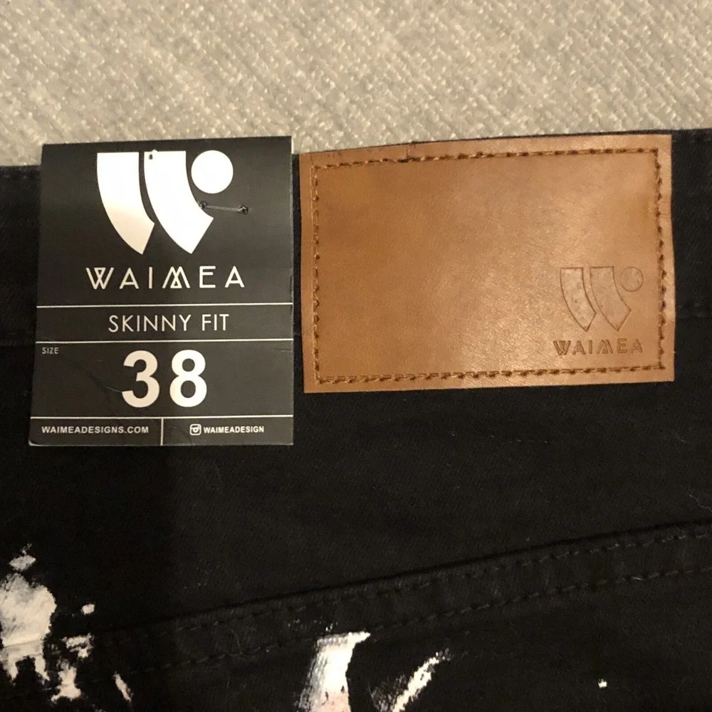 Waimea Men's 38 Skinny Fit Black Splatter Denim Shorts Distressed Fray Hem NWT